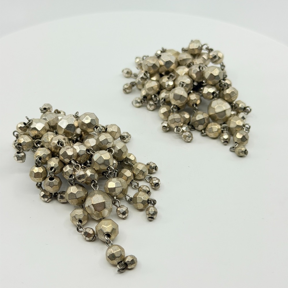 Silver Tone Multi Bead Cluster Clip-On Earrings - Glamorous Gift